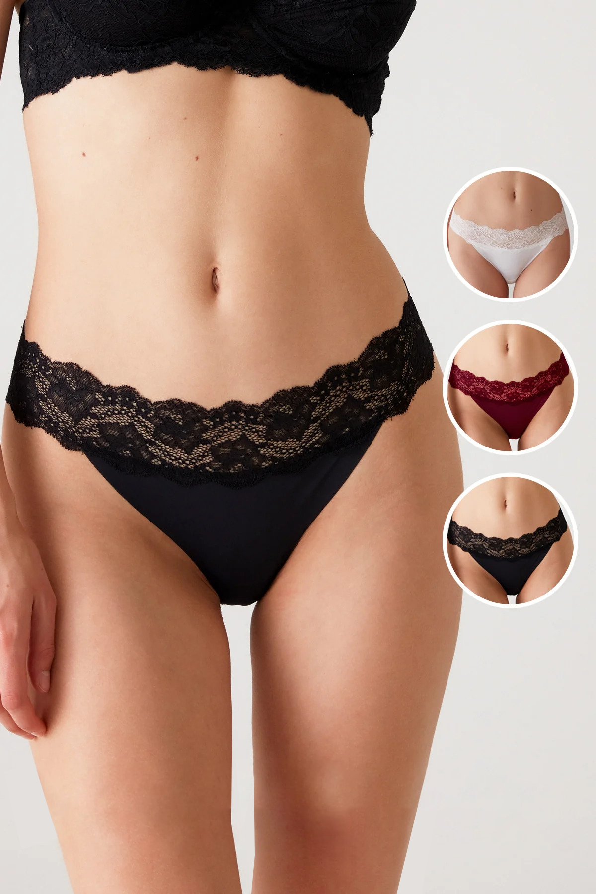 Pierre Cardin Lingerie Siyah-Beyaz-Bordo 2842 Lazer Kesim Dantel Detaylı 3’lü Paket Micro Tanga