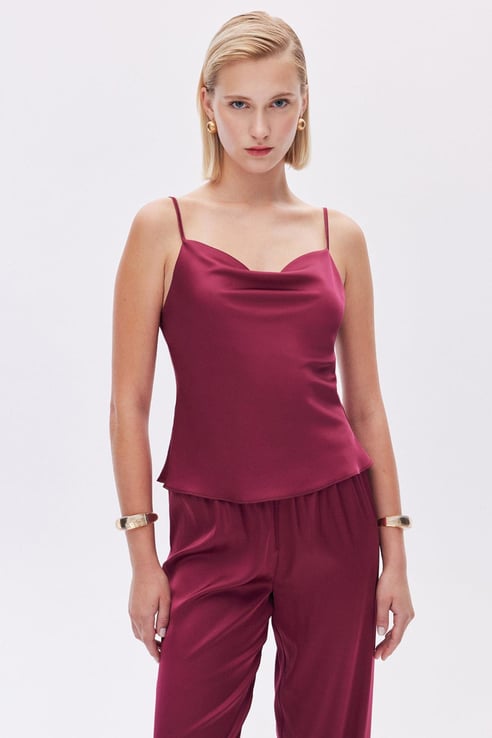 Feu0005 Brûleur Bordo Degaje Yaka Askılı Uzun Saten Pijama Takımı